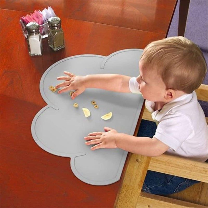 Kids Place Mats, Silicone Cloud Shape Table Placemats 48 × 27cm Baby Feeding Plate, Anti Slip Heat Proof Stain Resistant Washable Toddler Tablemat, Portable Tableware, Grey And Pink, Set of 2 - Image 3